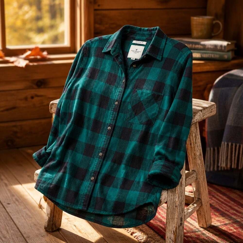 American Eagle Outfitters Green Black Plaid Boyfriend Fit Flannel Shirt XL - Picture 2 of 9